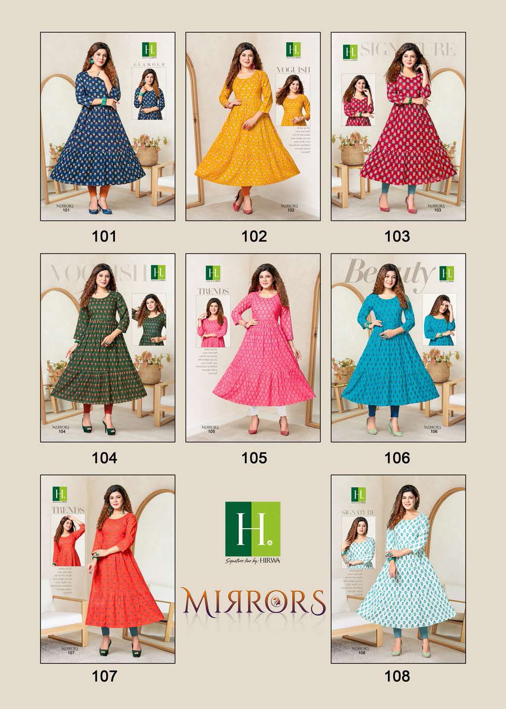 Hirwa Mirrors Heavy Rayon Printed Ethnic Wear Anarkali Kurti Collection